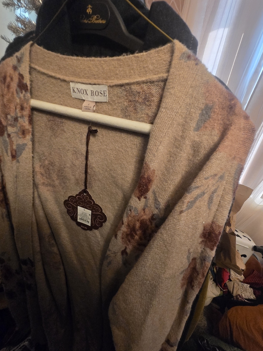 Knox Rose Beige Floral Open-Front Cardigan with Rust and Slate Accents